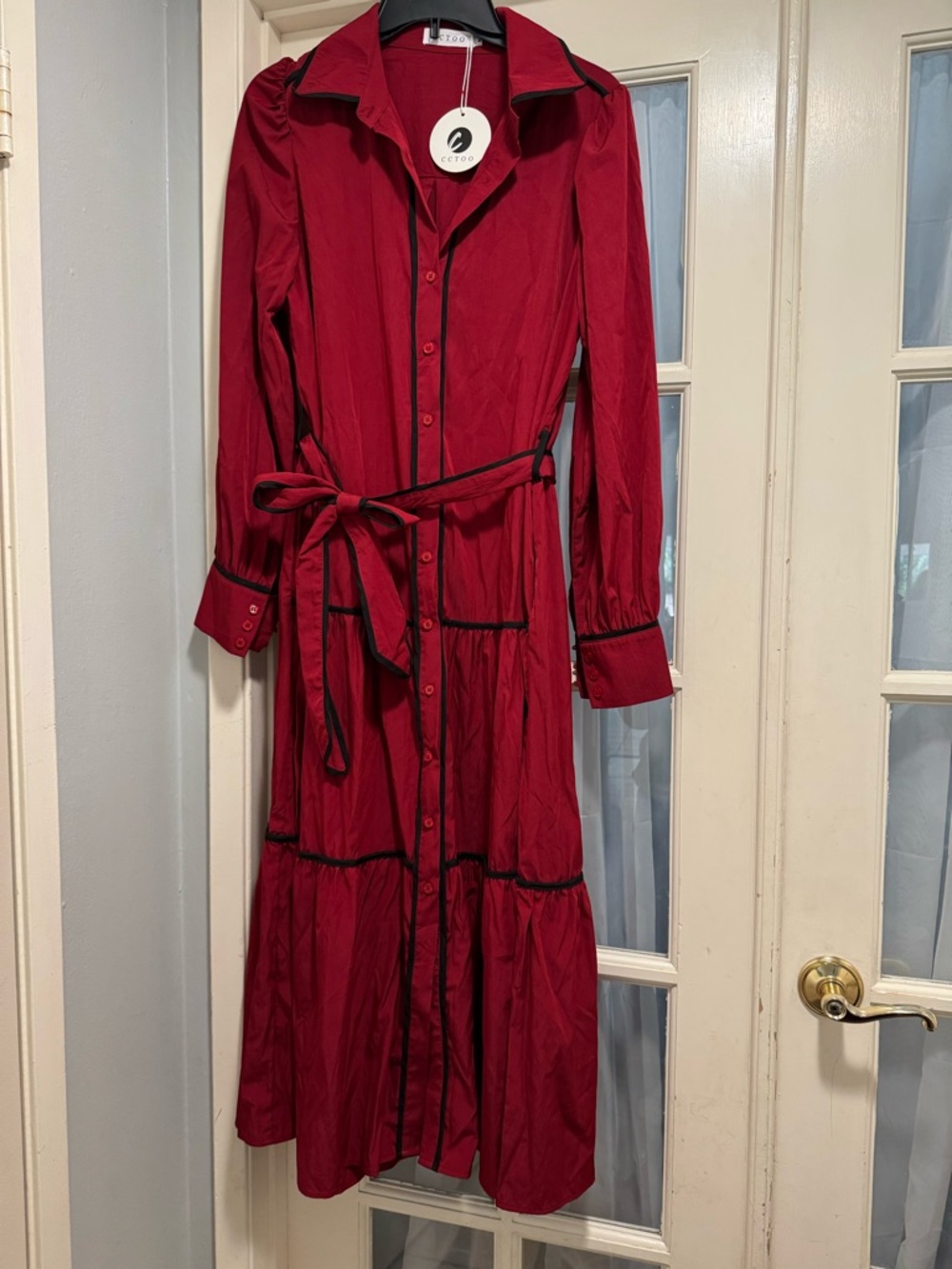 Women’s Red Long-Sleeve Tiered Shirt Dress with Black Trim